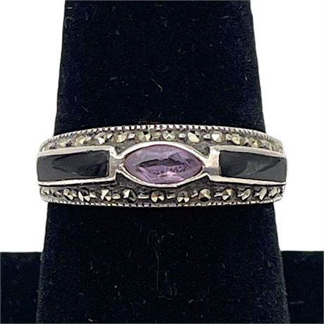 925 Sterling Silver Amethyst & Black Onyx Size 7.75 Ring - Nickel Free