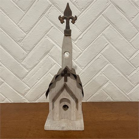 Vtg Handmade Rustic Wooden Church Birdhouse