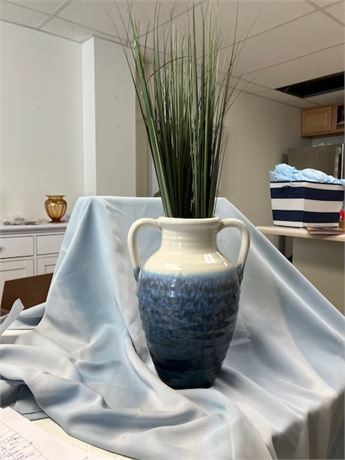 Blue & White Vase with Handles and Artificial Plant Stems
