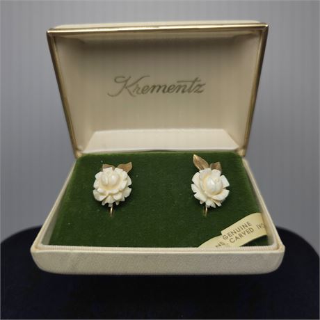 Krementz Hand Carved Ivory Clip-On Earrings in Original Box