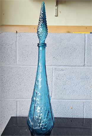 MCM Blue Empoli Italian Glass Decanter Fruit & Flowers Design w/Stopper