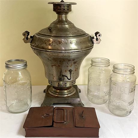 Vtg Russian Samovar, Glass Mason Jars, and Metal Box