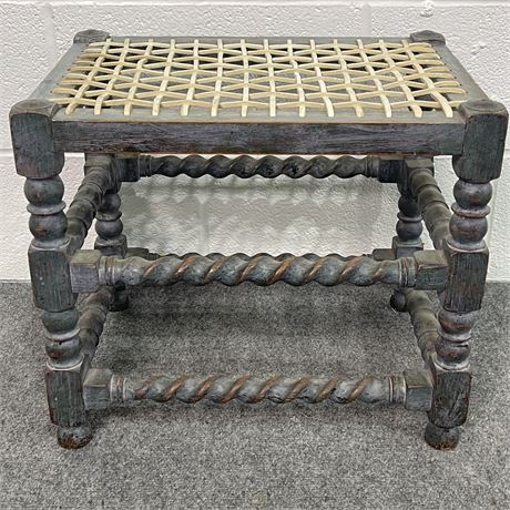Barely Twist Footstool with Woven Leather Strap Top