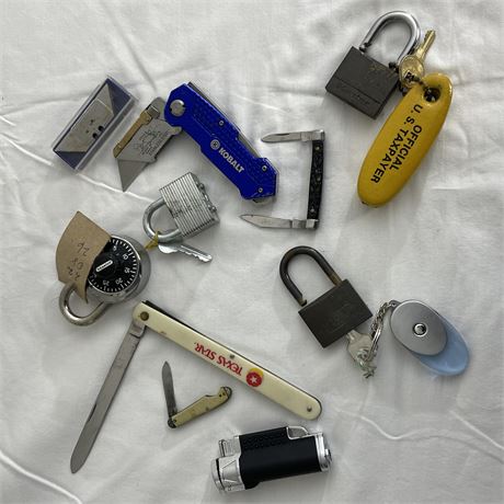 Collection of Knives, Locks and a Lighter