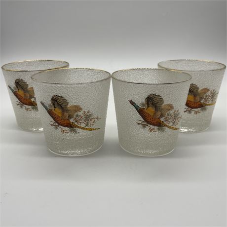 Set of 4 MCM Frosted Pheasant Pebble Lowball Glasses w/ Gold Accents