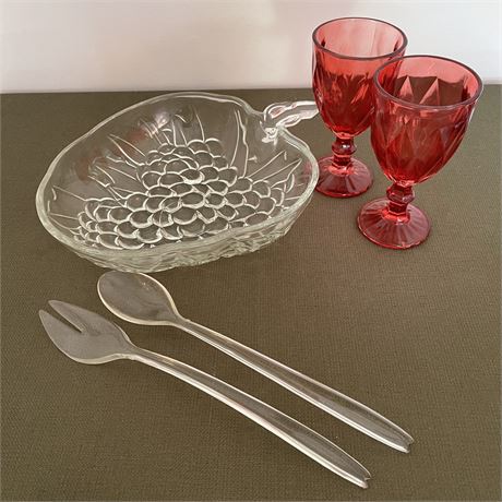 Vtg 3 Pc Salad Set w/ Crystal Bowl and 2 Red Stem Glasses