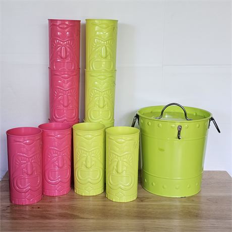 Tiki party lot~10 tiki cups w/matching ice bucket