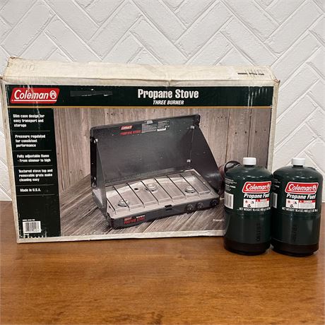 Coleman-3 Burner Propane Stove Model 5433-700 & 2 Propane Tanks