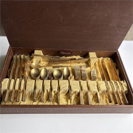 Vtg Gold Tone Dirilyte Service for 12 Flatware Set w/ Box