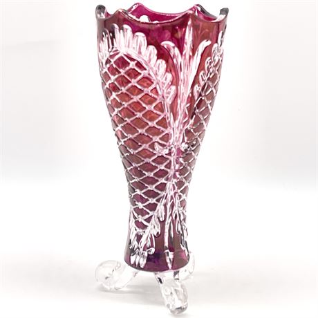 Crystal Cranberry Cut Footed Vase