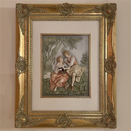 Antique Victorian "Courting Couple" Bisque Porcelain Framed Relief Wall Plaque