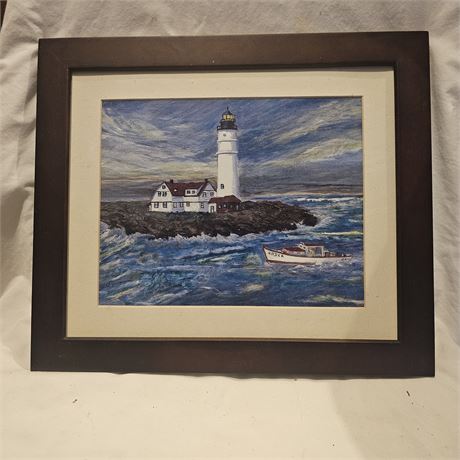 Artwork depicting the Portland Head Light, a historic lighthouse in Cape Elizabe