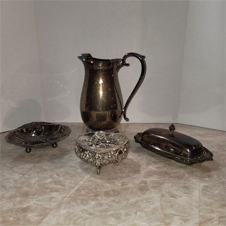 Silver Plate Items and Heart Hinged Box