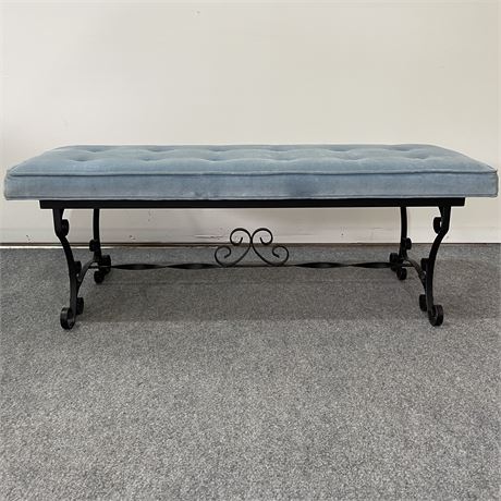 Iron Bench with Tufted Velvet Upholstery