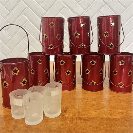 (8) Santa's Workbench Metal Star Cutout Candle Holders (5 w/ Votive Holders)