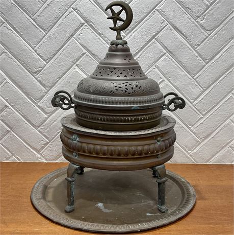 Antique Arabic Brass Brazier / Incense Burner on Tray
