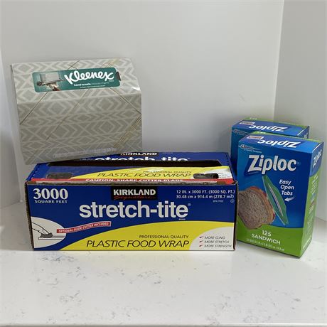 Stretch-Tite Plastic Food Wrap with New Ziploc Baggies and Kleenex Hand Towels