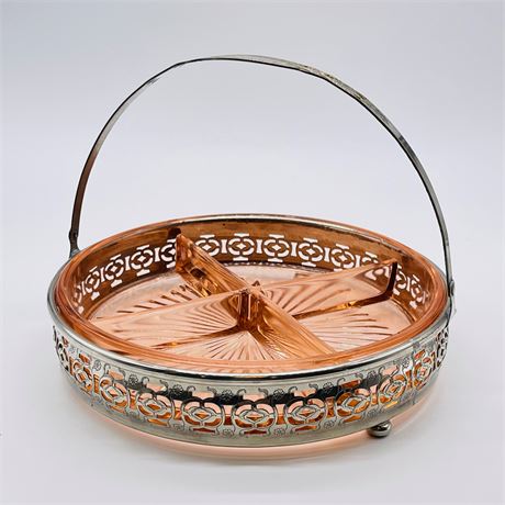 Pink Depression Glass Divided Dish in Plated Basket