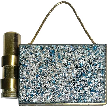 Vtg Metal & Lucite Glitter Compact Makeup Case w/ Original Box