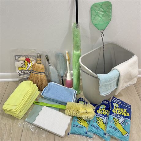 Bundle of Cleaning Supplies Including Dusters, Gloves, Microfiber Rags, & More