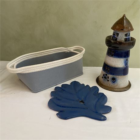 12" Ceramic Lighthouse Votive Candle Holder, Terracotta Leaf Decor & Canvas Bin
