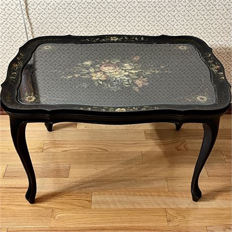 Black End Table w/ Removable Painted Glass Covered Top Tray