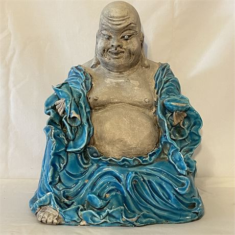 Vtg Ceramic Buddha Sculpture w/ Glazed Turquoise Rope