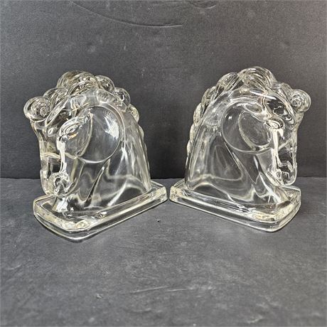 Vintage Heisey Glass Horse Head Bookends (Pair) - Circa 1940