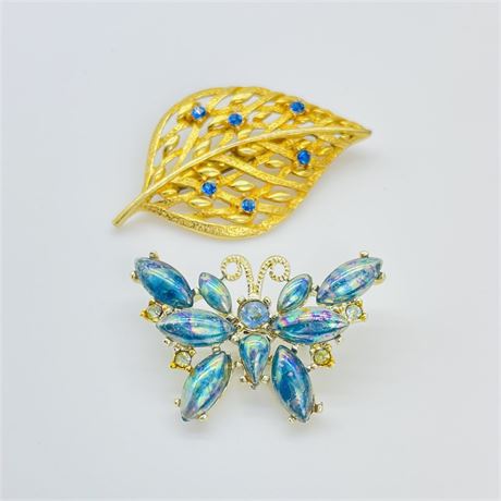 Vintage Blue Rhinestone Gold Tone Butterfly and Leaf Brooch