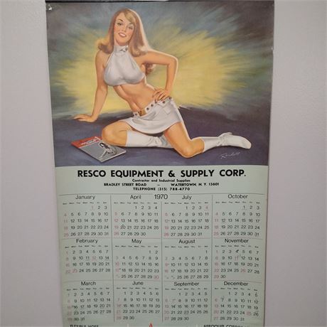 calendar features a pin-up style photograph of a woman and the company's address