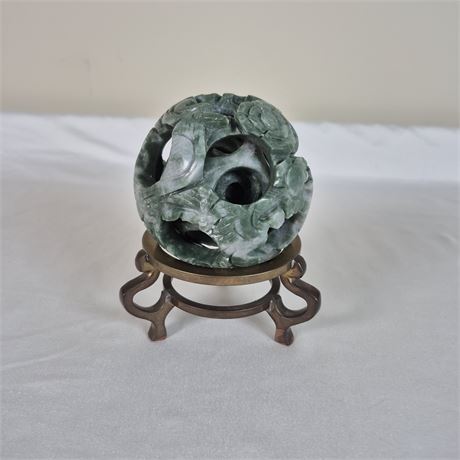 Vtg Chinese Carved Green Stone Puzzle Ball -5 Layers, Intricate