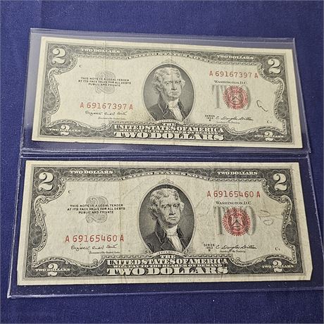1953 B Red Seal $2.00 Bills in Protective Sleeves