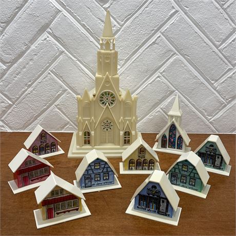 Vintage Miniature Plastic Light-up Music Box Church Village Figurines