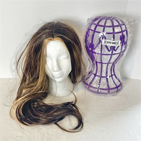Long Money Piece Highlighted Brunette Middle Part Wavy Synthetic Wig with Stand