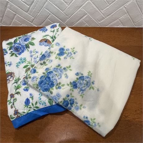 Pair of Blue Floral Vintage Satin Ribbon Trim Blankets