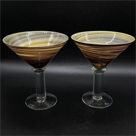 Pair of Vtg Blown Art Glass Brown Swirl Martini Glasses