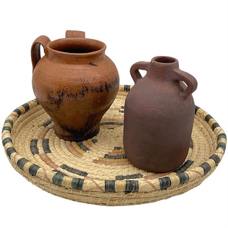 Double Handled Pottery Jugs & Hand-Woven Tray Basket