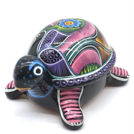 Hand Painted Lidded Trinket Dish - Mexican Folk Art Pottery Turtle