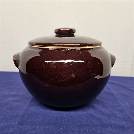 2 Qt. Brown Glazed Pottery Bean Pot w/ Handles & Lid -Stamped USA