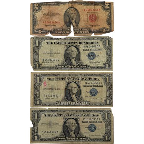 '53 $2 Red Seal Note w/ '35 & '57 $1 Blue Seal Silver Certificates