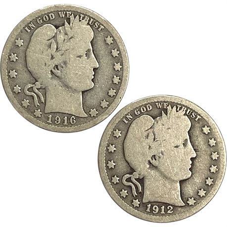 1912 & 1916 Barber Quarter Dollar 90% Silver Coins