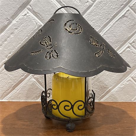 Pierced Metal Free Standing / Hanging Candle Lantern w/ Pinwheels & Dragonflies