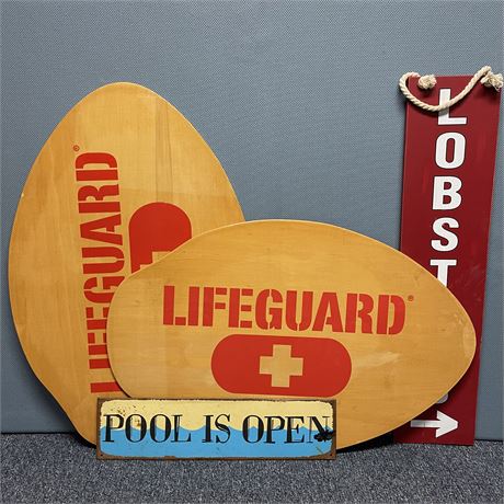 Pair of 30" Wood Skim Boards and Outdoor/Indoor Pool Hanging Signs