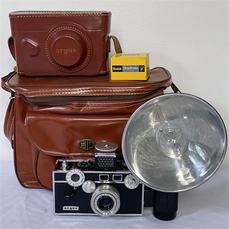 Vtg Argus C3 Rangefinder Film Camera, Flash Holder w/ Bulb, Light Meter & More