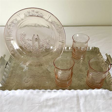 Pink Depression Glass on Vintage Hammered Aluminum Tray