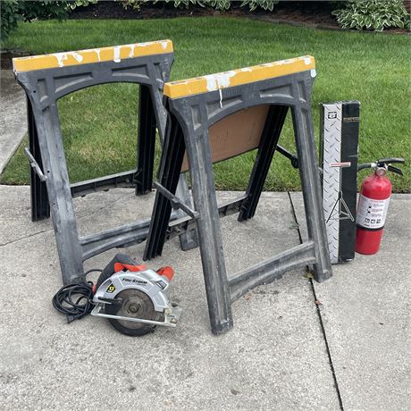 Sawhorses with Roller Stand, Circular Saw and...of course...a Fire Extinguisher!