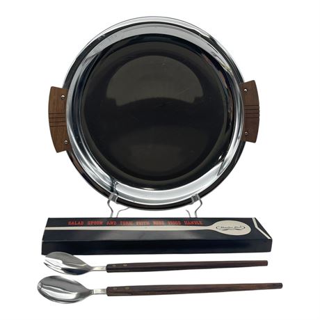 Kromex Serving Platter & Stainless Steel Serving Utensils with Wooden Handles