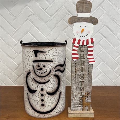 Snowman Cut-Out Metal Bucket w/ Lighted Snowman Standing Sign