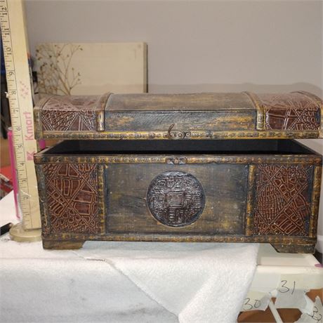 This is a vintage-style wooden storage box, often used as a jewelry box or a dec