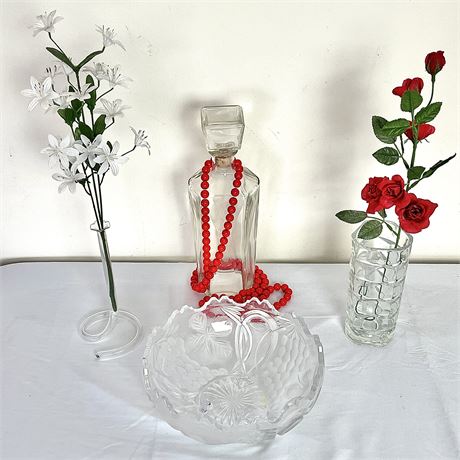 Clear Glass Centerpiece Bowl, Decanter, & Vases w/ Artificial Flowers & Necklace